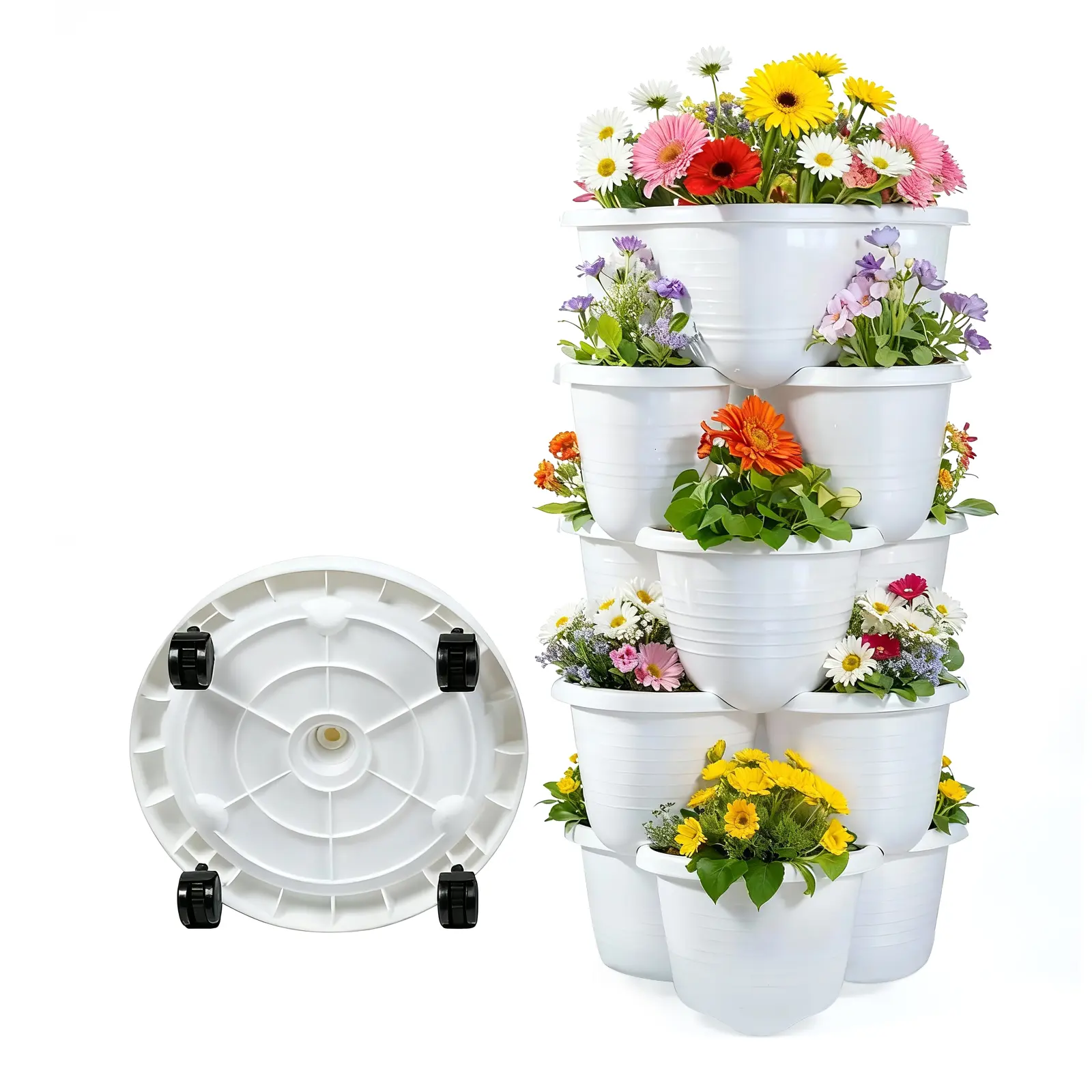 Bamworld 5-Tier Stackable Strawberry & Vegetable Planter Tower with Locking Wheels - Portable Garden Planters, Pot Plant Stand, Large Outdoor-Ready Pot for Herbs, Indoor/Outdoor Use, White