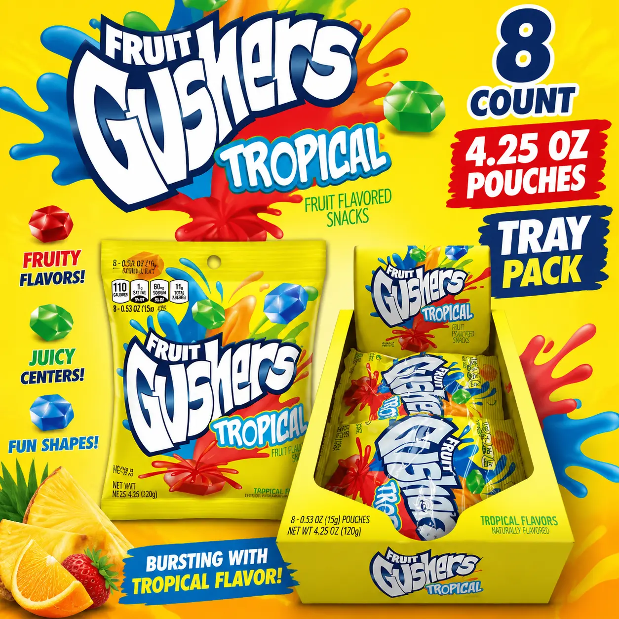 Gushers Tropical Fruit Snacks 4.25 oz 8 Count  Fruit Flavored Gummy Candy with Juicy Center | Tropical Party Snacks & Treats