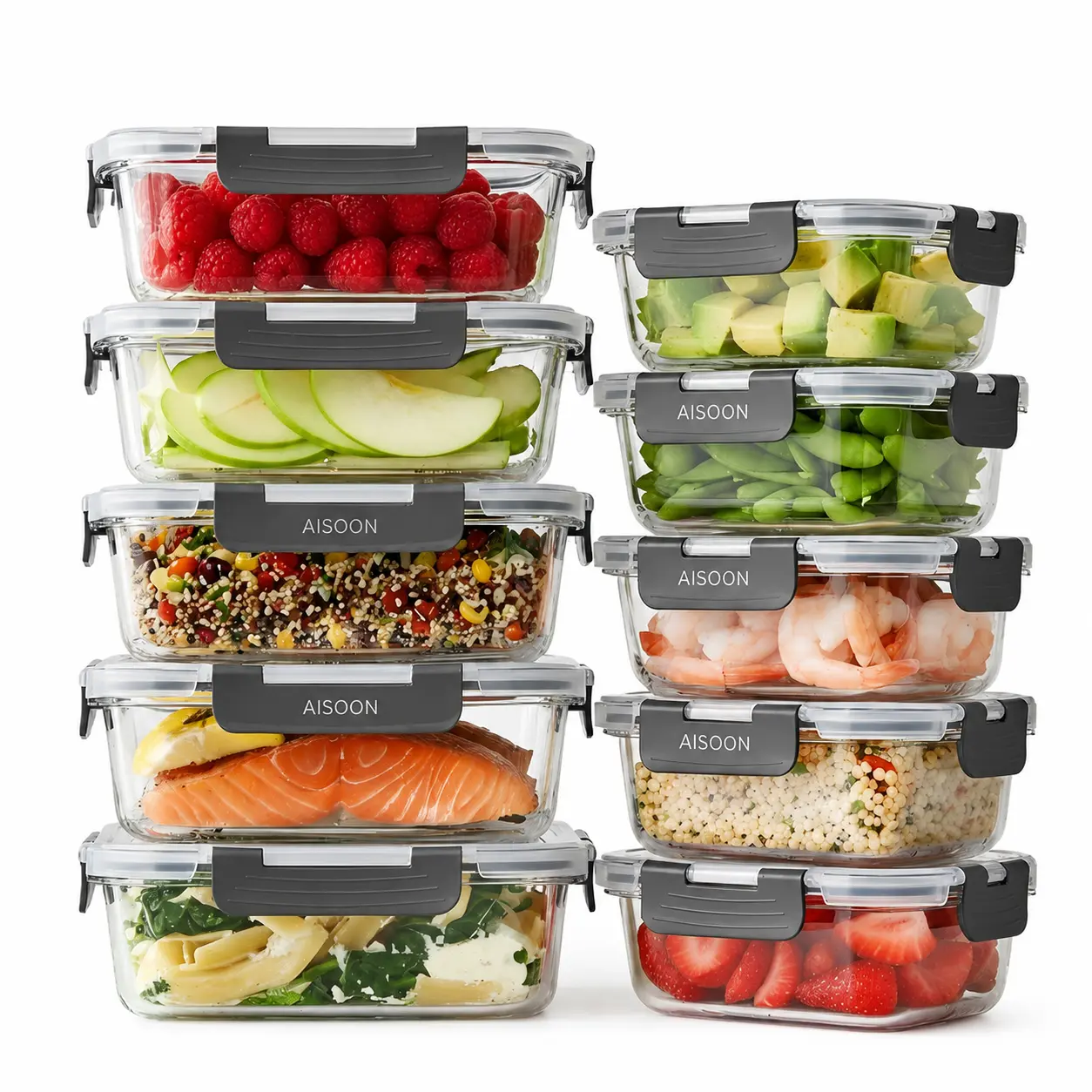 AISOON 10-Pack Rectangle Borosilicate Glass Fridge Storage Containers (5x13oz, 5x36oz) - Leak Proof Lids, Lead-Free, Microwavable, Freezer/Oven Safe, Stackable Lunch Container, Lunch Box, Dishwasher-Safe Bodies Save Time
