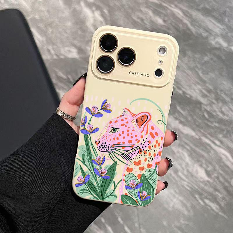 Pink Leopard Art Case for iPhone 17 Pro Max 17Air 17 16E 16 15 14 13 12, Ultra Skin-Friendly TPU, All-Inclusive Glass Lens Protection, Aesthetic Leopard Print Gift, Dopamine Ins Style Solid Color Cover, Shockproof Slim Case, Lens Window Design