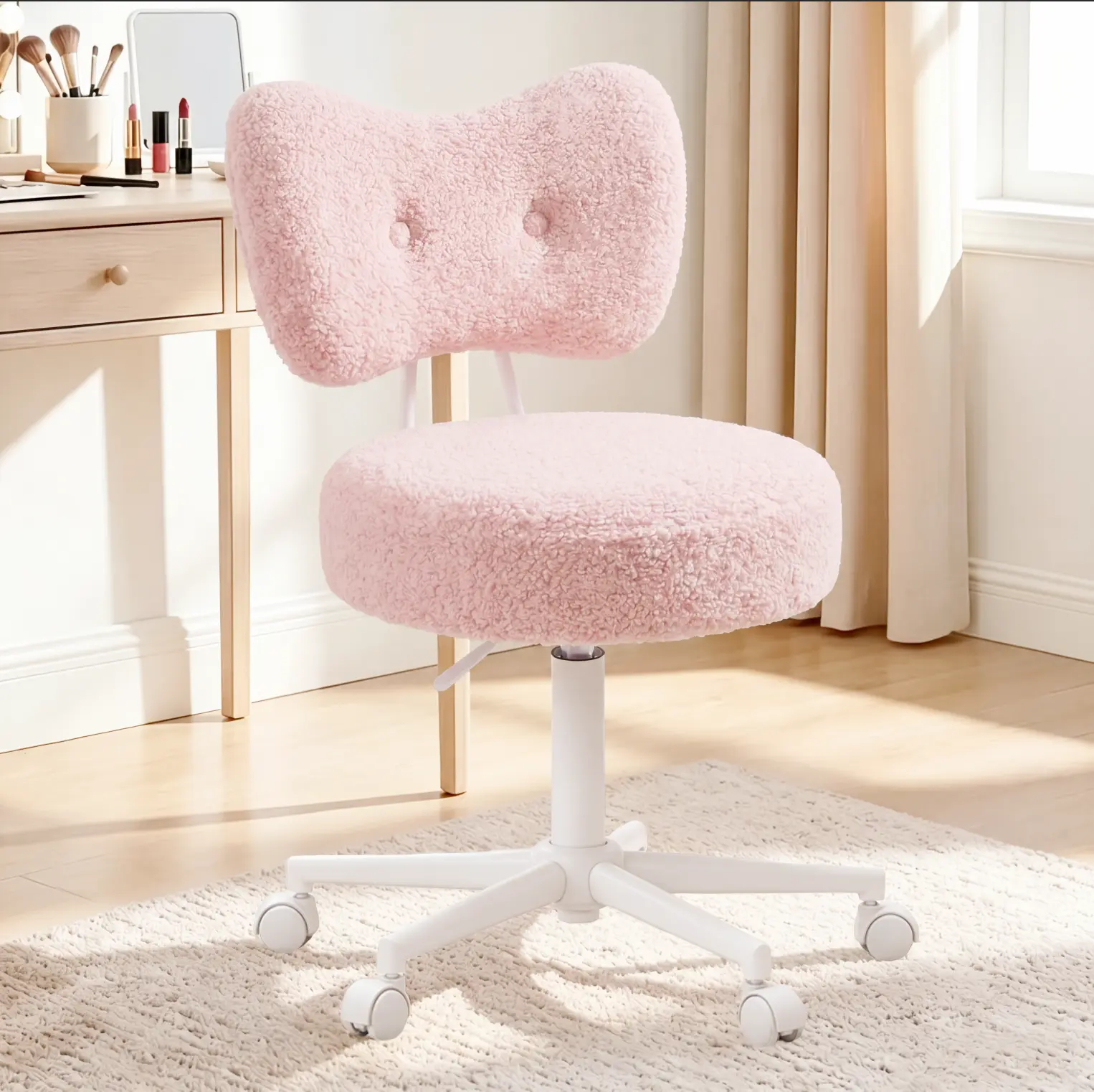 GRANNY SAYS Fluffy Bow Chairs Vanity Chair with Wheels Pink Desk Chair with Cute Bow Backrest Fluffy Faux Rabbit Fur Small Office Chair for Vanity, Make-up Room, Bedroom, Dorm, Small Space, Height Adjustable, Pink, Color,Girls Gift #TikTokShopBackToSchool