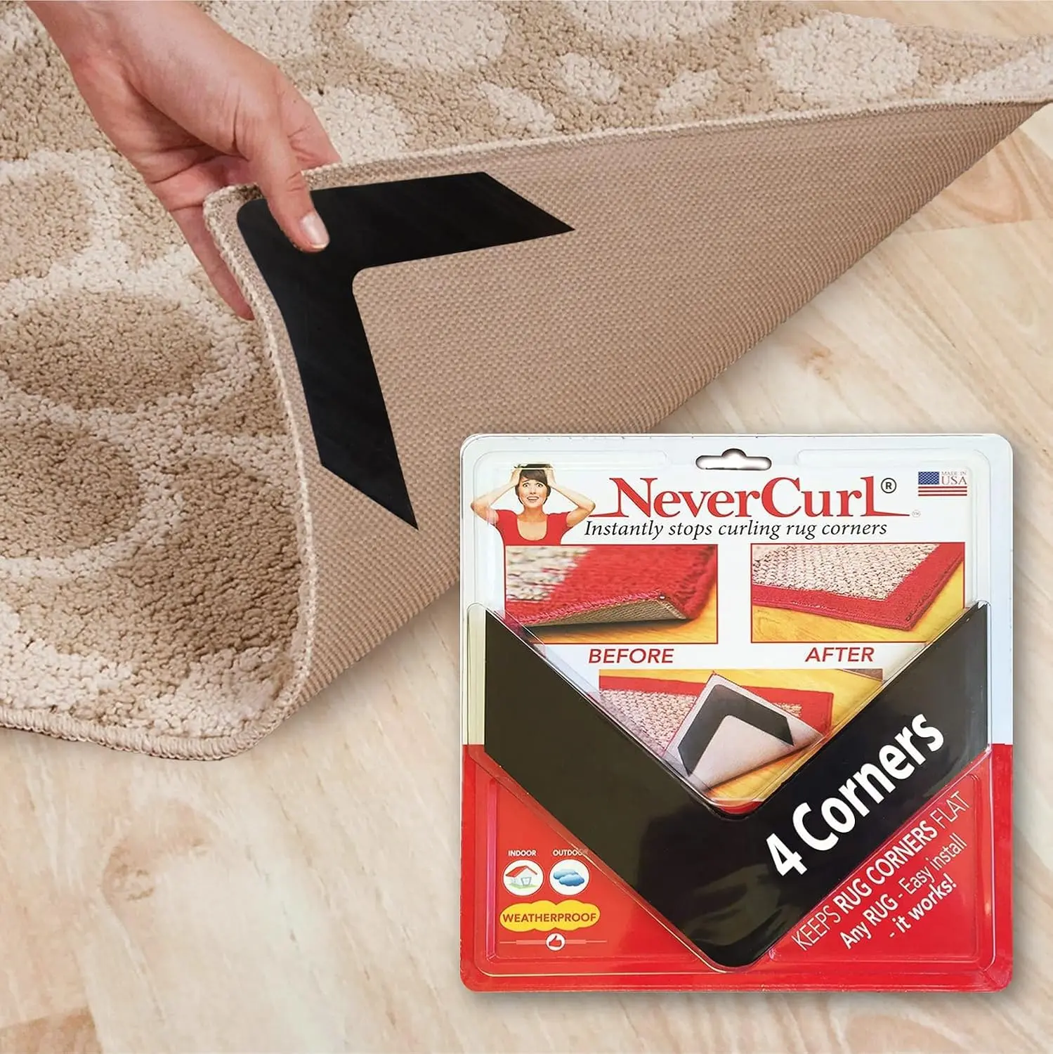 iPrimio V-Shape Rug Corner Gripper 4-Pack, Anti-Skid Adhesive, Instantly Stops Curling, Secures Edges, Protects Surfaces, Durable Lightweight Weatherproof Indoors/Outdoors Home Accessory for Household Carpets (Seamless Look)