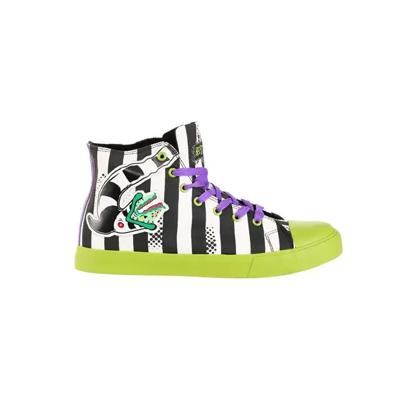 HalloweenCostumes Men's Exclusive Beetlejuice Black-White Striped Sneakers, Rubber Sole, Lace-Up Closure, Synthetic Upper, Sandworm Side Art