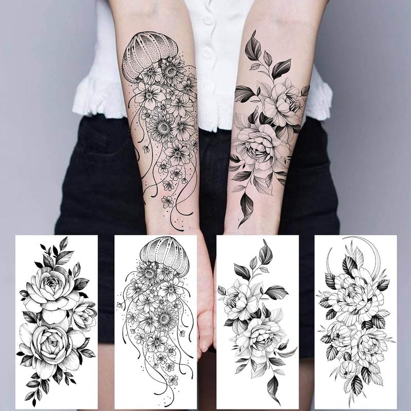 64 Sheets Long Lasting Flower Temporary Fake Tattoos For Women Arm Neck, Jellyfish Sunflower Moon Rose For Adults Girl, 3D Temp Realistic Snake...