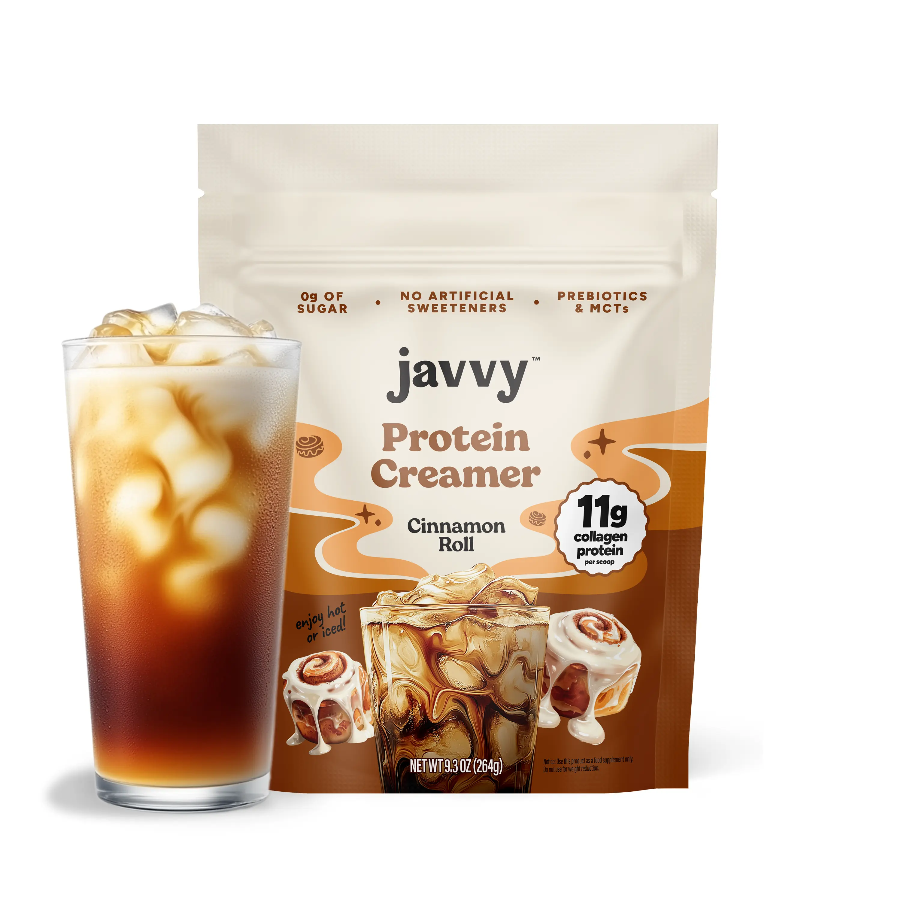 Javvy Cinnamon Roll Protein Coffee Creamer - Grass Fed Pasture Raised Collagen - Hair, Skin & Nail Support, Energy-Boosting MCTs, Keto Friendly, Lactose Free & Gluten Free, No Added Sugar, 11g of Protein