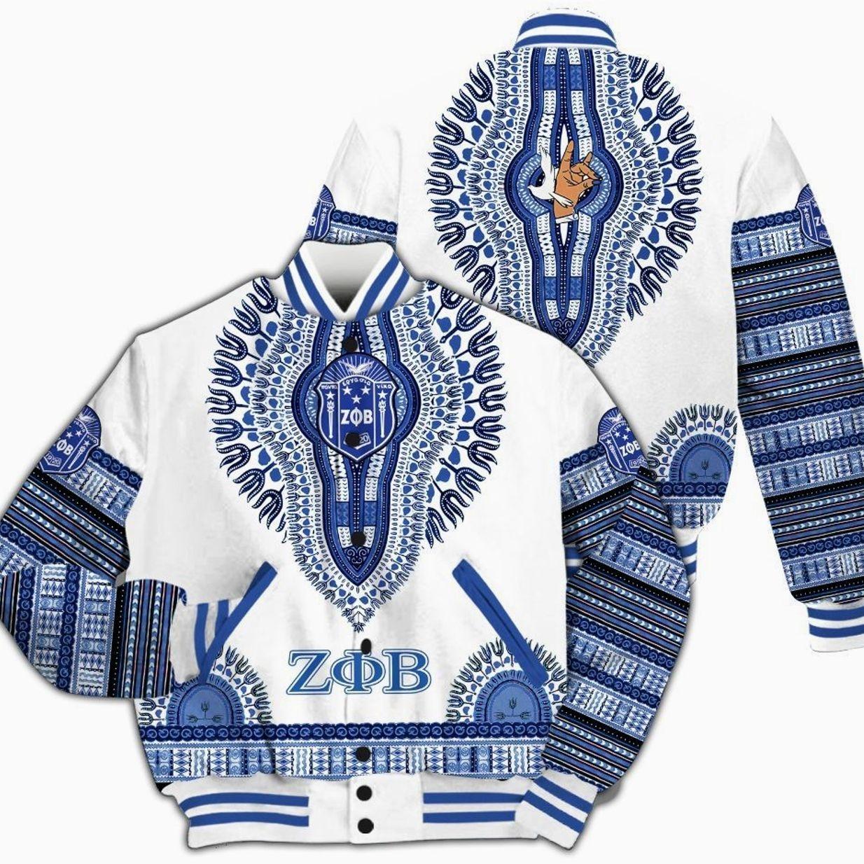 Zeta Phi Beta Varsity Jacket, Z-Phi-B Blue Daishiki Pattern Style 1920 Sorority Jacket 4658 IO2