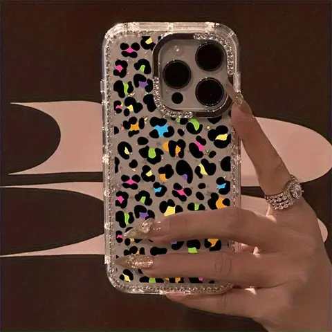 Luxury Full-Screen Animal Leopard Print Rhinestone Smartphone Case - Transparent Sparkling Frame, Anti-Drop Cellphone Casing, Fashion Protection Cover for iPhone 12 Pro Max, 18/17 Pro Max, 18/17 Air, 16/15/14 Plus, 13/11, Christmas Gift
