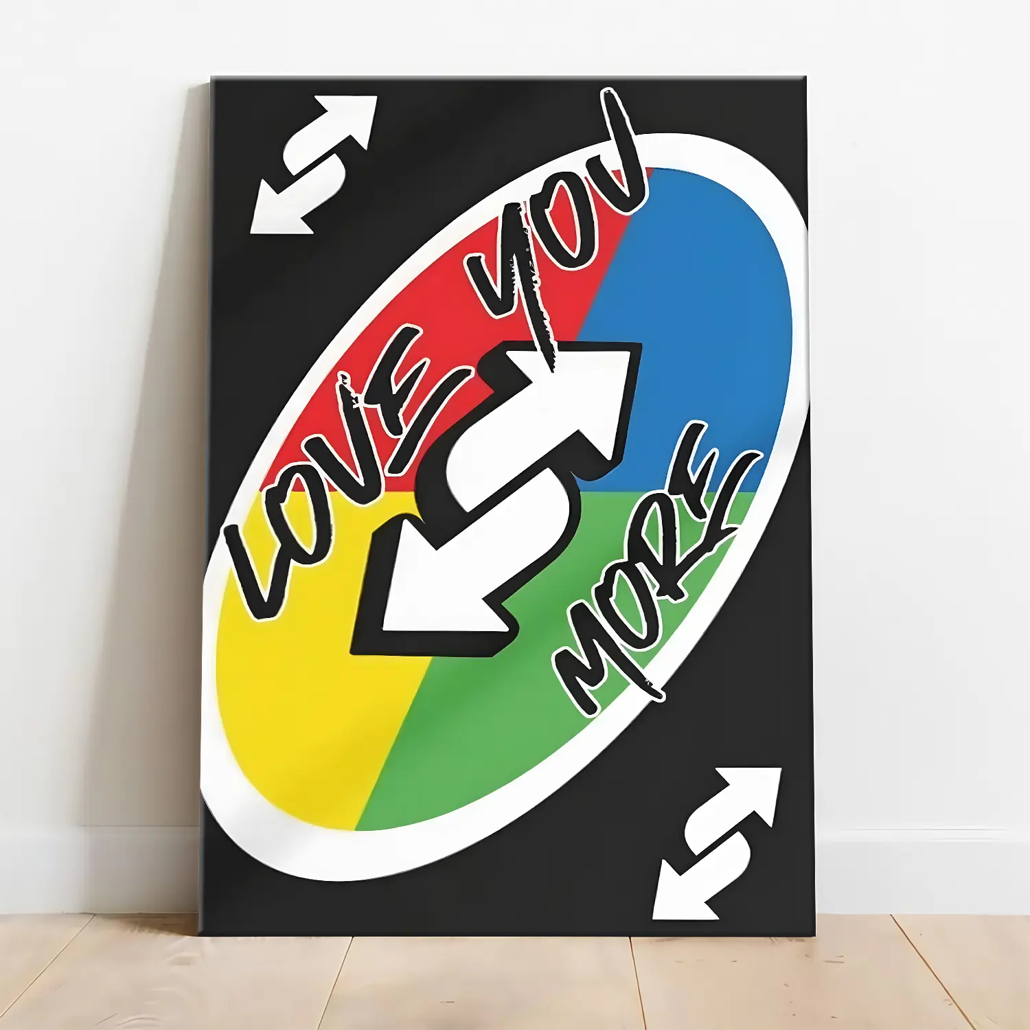"Love You More" Reverse Game Card Canvas Wall Art Print - Waterproof Wood-Framed Funny Meme Poster, Trendy Plaid/Polka Dot/Houndstooth Preppy Art Wall Decoration, Couples Valentine's Day Gift, Kid Room Funny Decor, Woody Wardrobe Cartoon Home Decor