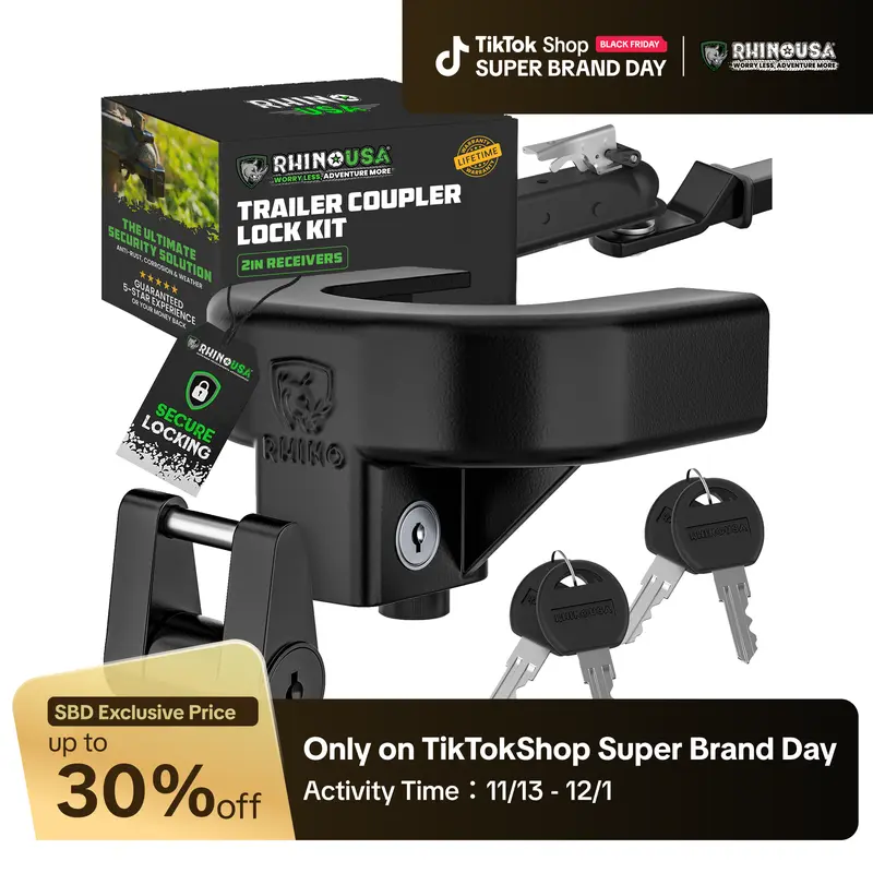 Rhino USA Trailer Hitch Coupler Lock Kit (Choose 2" or 2-5/16" Trailer) Heavy Duty Anti Theft Trailer Coupler Locks for RV, Camper, Trailer, Boat, Caravan - Reinforced Solid Steel Tow Lock for Trailer Tongue