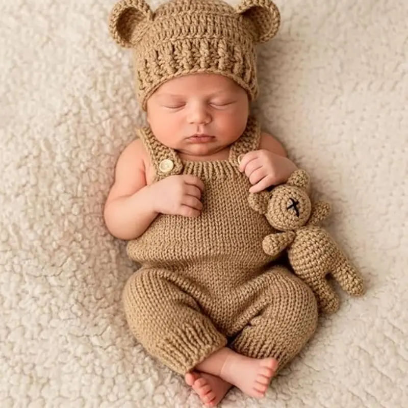 Newborn Photography Outfits for Boys & Girls, 3 Pcs Hand Knitted Cute Baby Bear Romper Set, Photo Props & Gift Sets, Special Gift Set