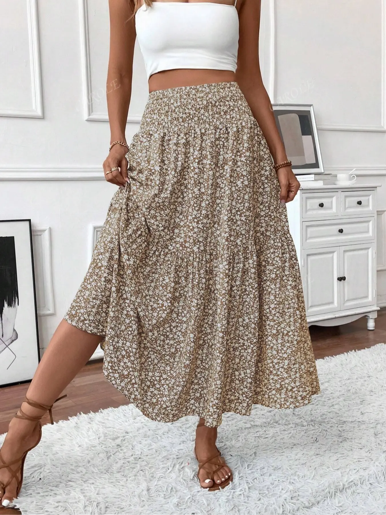 Women's Layered Cake Skirt, Flowy Tiered Skirt, Loose-Fitting Ditsy Floral Long Skirt, Elegant A-Type Design, No Pockets, All Seasons Wear