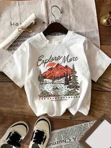 Women'S Casual Crew Neck T-Shirt with Mountain and Forest Scenery Print, Polyester Jersey Knit Fabric, Short Sleeve Top for Spring/Summer/Fall - 200g/m²