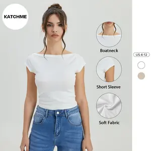 KatchMe Women's Classy Boatneck Soft Stretch Short Sleeve Top, Casual Solid Color Cap Sleeve Flattering T-Shirt for Summer, Minimalist Womenswear