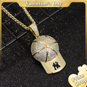 Holylegend 14K Real Gold-Plated Baseball Cap Pendant Necklace for Men and Women, Diamond-Cut Cubic Zirconia Charm, 24” Rolo Chain, Trendy Gold Plated Hip Hop Jewelry Gift