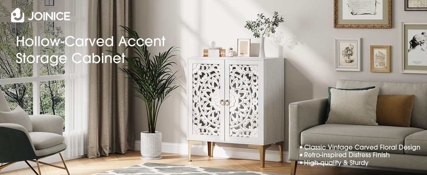 31.5" White Boho Accent Cabinet Mandala Carved Doors Gold Legs, Storage Sideboard Coffee Bar Cabinet for Living Dining Room Entryway