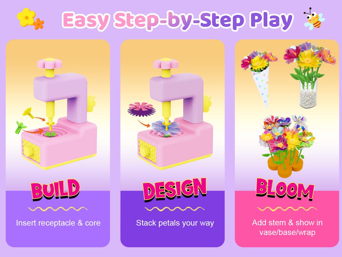 Kiditos Fabric Flower Bouquets DIY Craft Kits for Kids – Build Your Flower Market Toy, Arts & Crafts Bouquet Making for Ages 3+, Perfect Gift for Christmas & Birthdays