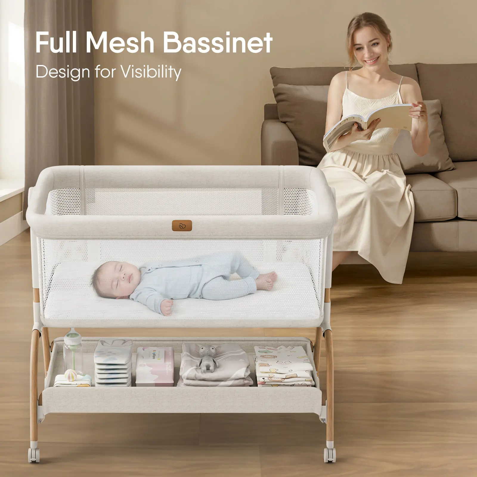 BabyBond 3-in-1 Baby Bassinet Bedside Sleeper, 6-Height Adjustable Crib with Mattress & Soft Breathable Sheet, Full-Mesh Sides and Ventilated Net, Easy-to-Fold Portable Style & Wheels, Safe and Steady Bassinet for Newborns,  Mothersdaygift, #Summervibes,,