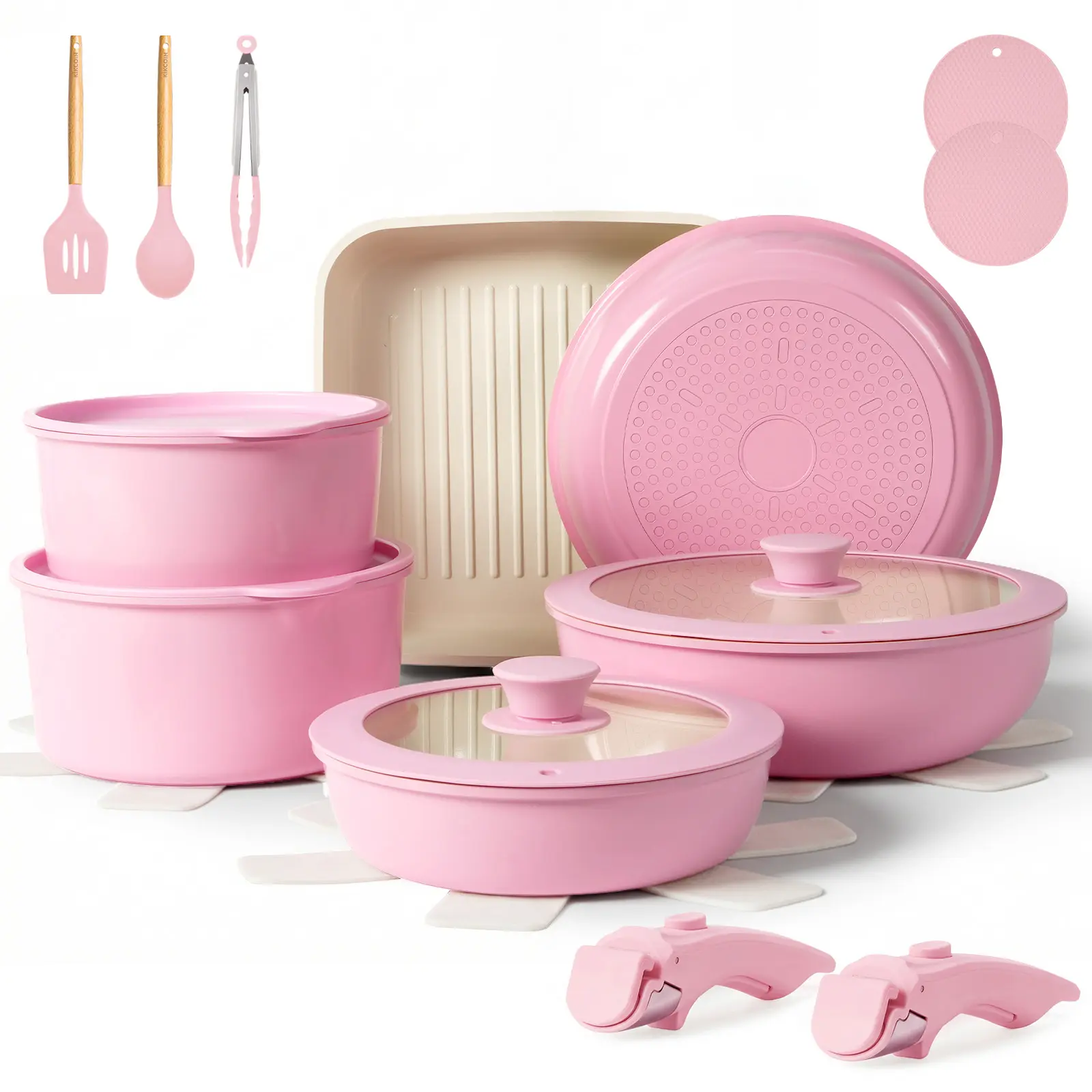Kikcoin RV Nonstick Cookware Set Oven safe Non-Toxic Ceramic 22pcs pots and pans set complete Cookware Set with Lids,Detachable Handle,cook in RV PFAS-Free,Dishwasher Safe,Kitchen Outdoorfun Induction Compatible Handwashing Recommended,tiktokshop