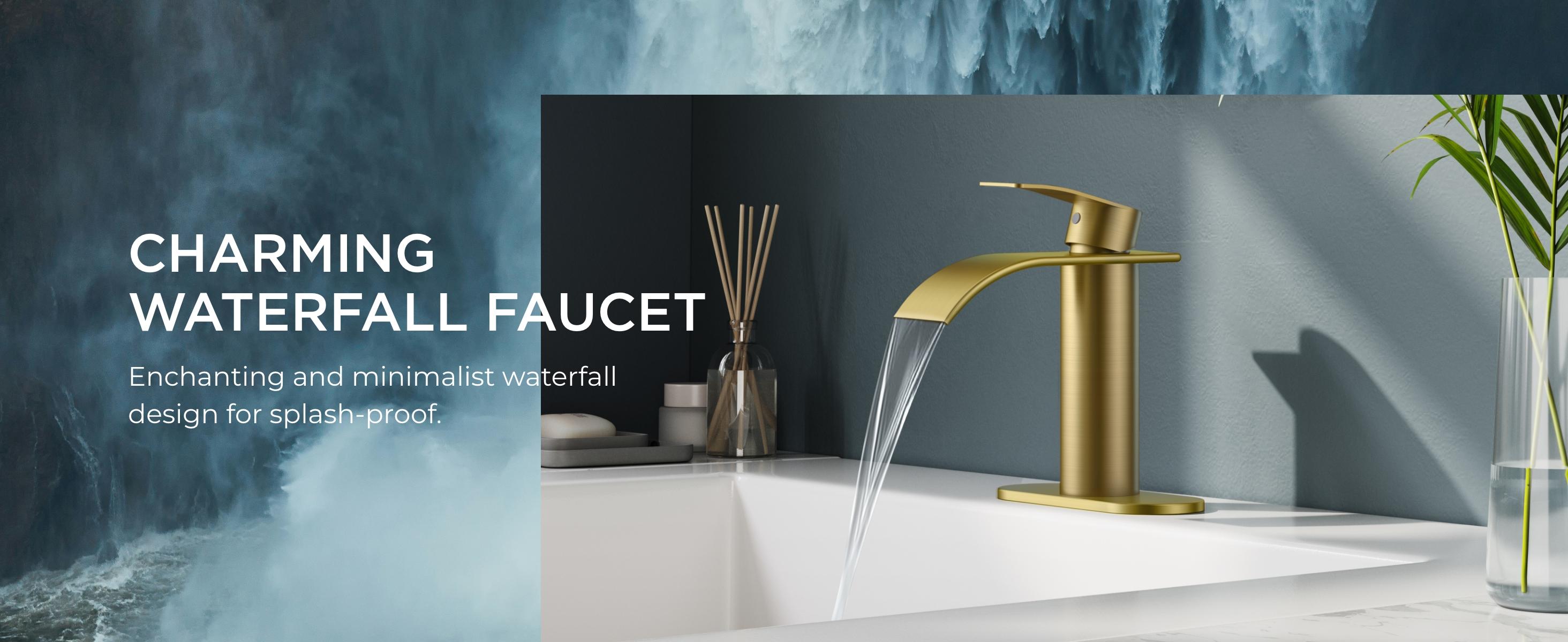 FORIOUS Waterfall Bathroom Faucet Single Handle with Deck Plate, Metal Pop up Drain, cUPC Hoses for Vanity Basin RV Lavatory Sink, Drip-Free Stability, Rust-Resistant, 3/8" Hoses Included - Decorative