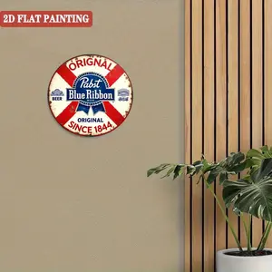 2D Flat, Vintage Pabst Blue Ribbon Beer Logo Metal Plaque - Heavy-Duty Aluminum Retro Brewery Wall Decor (1844 Establishment Year) - Pre-Drilled Holes for Easy Hanging - Red, White