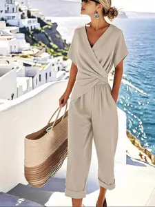 Full Size Surplice Short Sleeve Top and Pants Set Plus Size