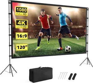 VAMVO Outdoor-Projector-Screen-with-Stand - 120 inch Portable Projector Screen Indoor Outdoor Projector Screens 16:9 4K HD Lightweight Movie Screen with Carry Bag for Backyard M 10 Feet Indoor Movie-Screen rear projection tv foldable anti-crease