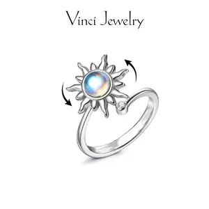 Sterling Silver Spinner Fidget Open Ring, Synthetic Opal Zircon Jewelry, Exquisite Sunflower Moonstone Design for Women, Anxiety Relief Moon Ring as Gift Giving Friends for Daily Wear, Good Lucky Jewelry Gifts for Birthday Valentine's Day Christmas