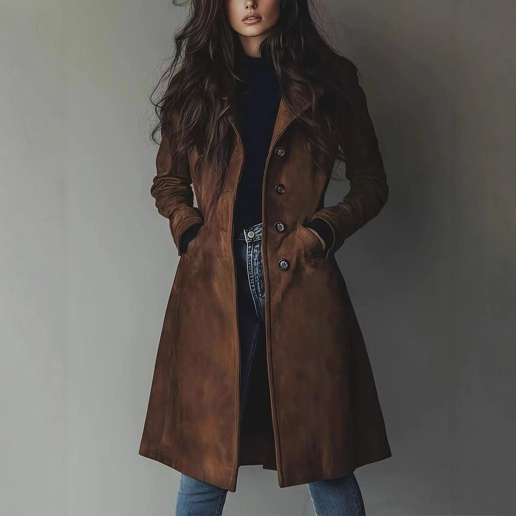 Women's Dark Brown Suede Long Trench Coat with Pockets & Buttons Street Hipster Style European American Fashion