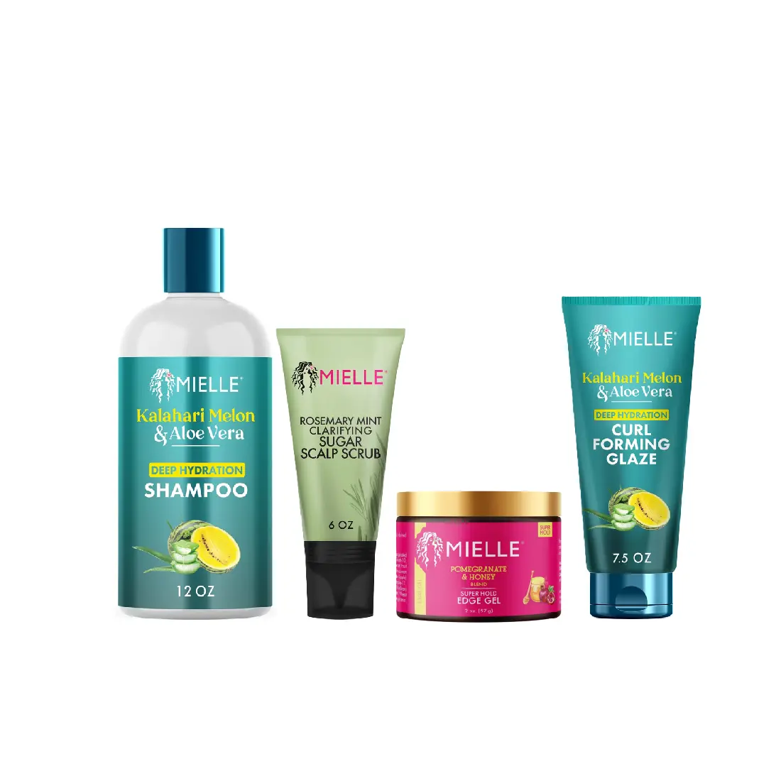 Mielle Rosemary & Honey Curl Care Kit - Clarifying Sugar Scalp Scrub, Deep Hydration Shampoo, Curl-Forming Glaze, Super Hold Edge Gel (Exfoliate, Wash, Style Benefits), Curls