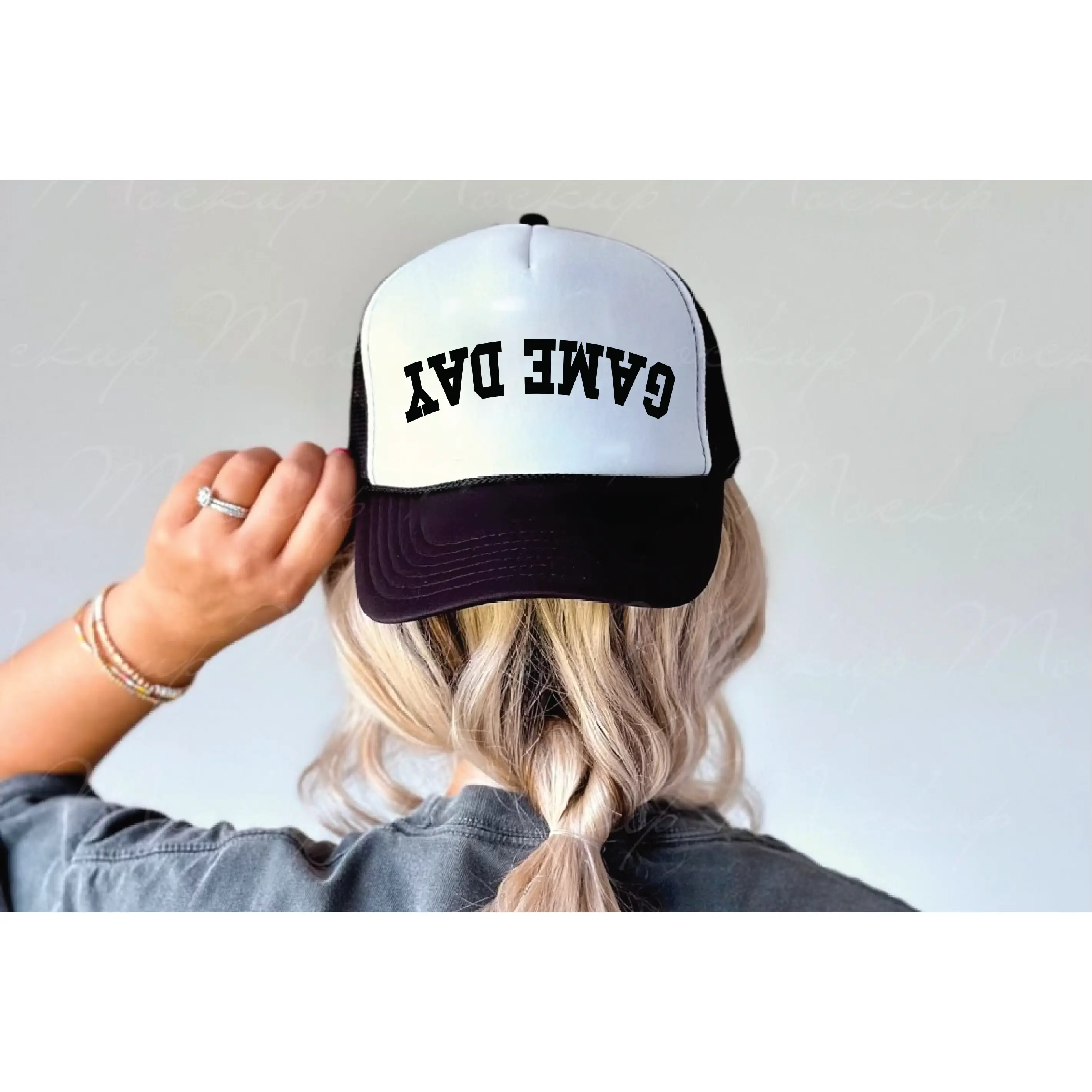 Game Day Upside Down - UNISEX BLACK AND WHITE TRUCKER HAT