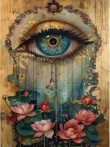 5D Diamond Painting Kit for Adults, Mystical All-Seeing Eye with Pink Lotus Flowers, DIY Ornate Gem Art Craft with Gold Accents for Spiritual Home Decor