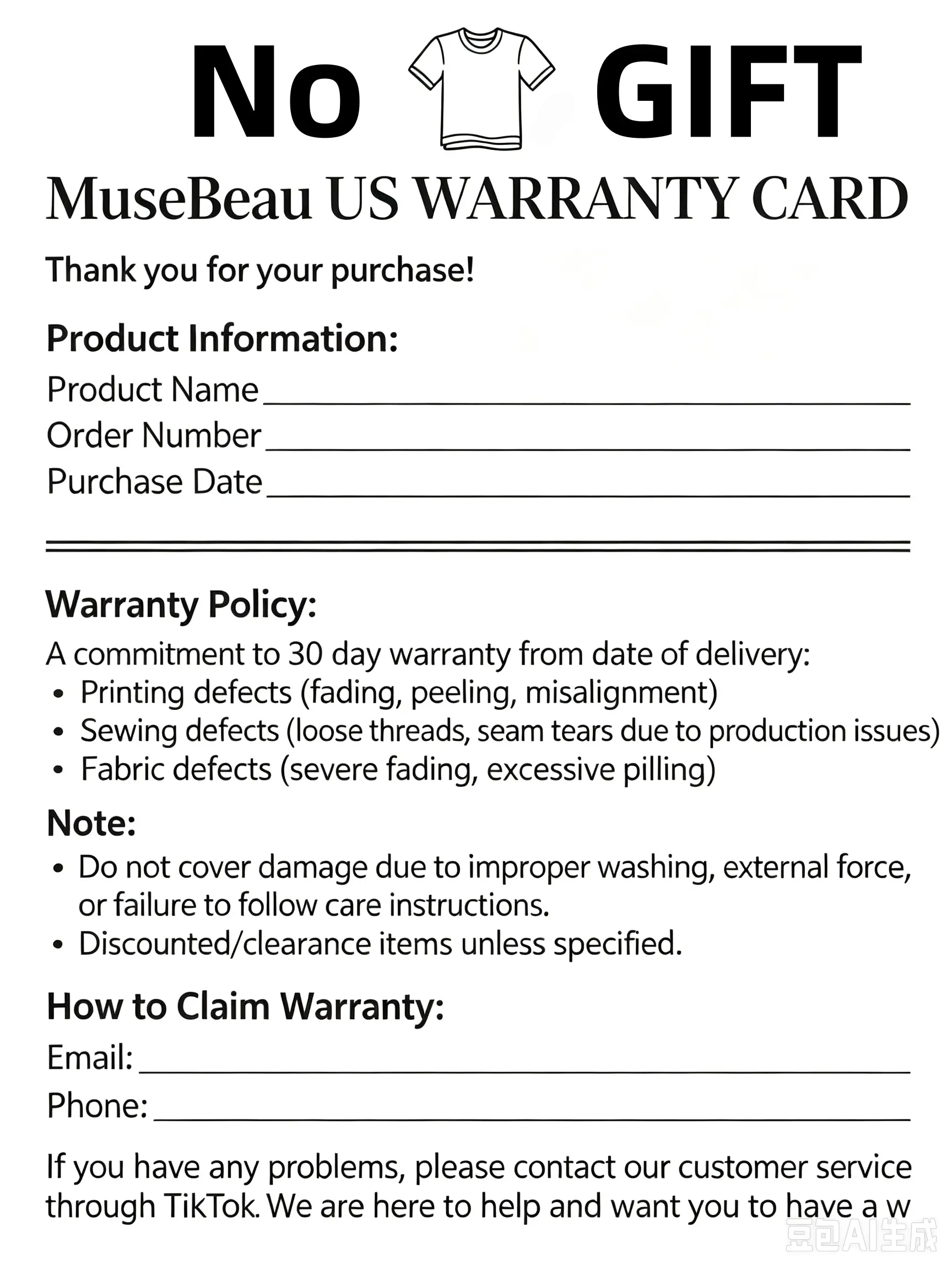 5-1 No Gift MuseBeau US fast shipping 100% cotton T-shirts Warranty Card