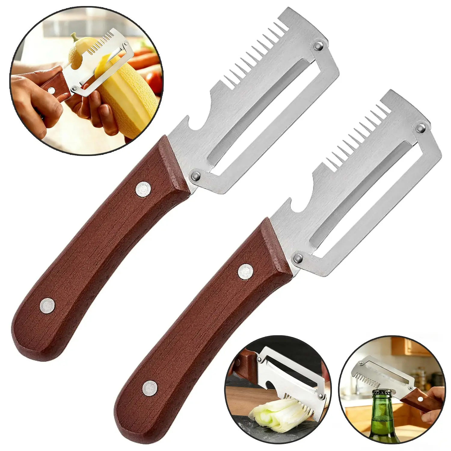 Multifunctional Vegetable Peeler with Wooden Handle, Stainless Steel Blade, Bottle Opener and Grater, 3-In-1 Home Kitchen Gadgets for Peeling Vegetables and Fruits, Lightweight, Sturdy, 2pcs Set, Vegetable Peelers for Kitchen