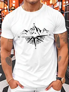 Men's Compass Print Round Neck Tee, Regular Fit Casual Short Sleeve Crew Neck T-Shirt for Summer, Fashion Men's Top for Outdoor Activities