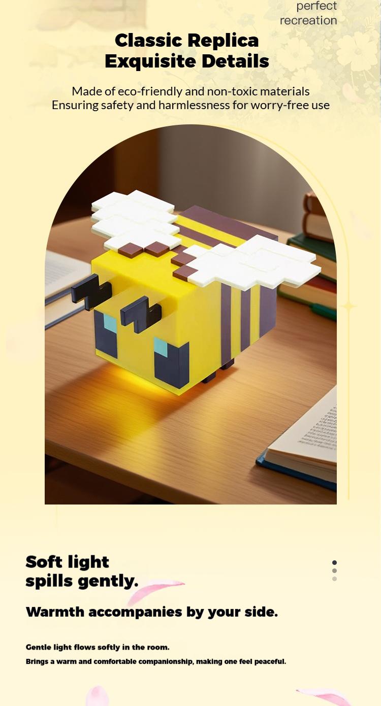Bee Design Night Light USB Rechargeable Creative Blocks Decorative Light Novelty for Home Bedroom Gaming Room Gift for Boys Girls Unique Bee Design Nightlight