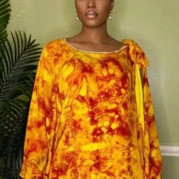 Women's Ayaan Golden Sun Batik Kaftan Dress - Modest Islamic Fashion, Everyday Casual Wear, Draped Style