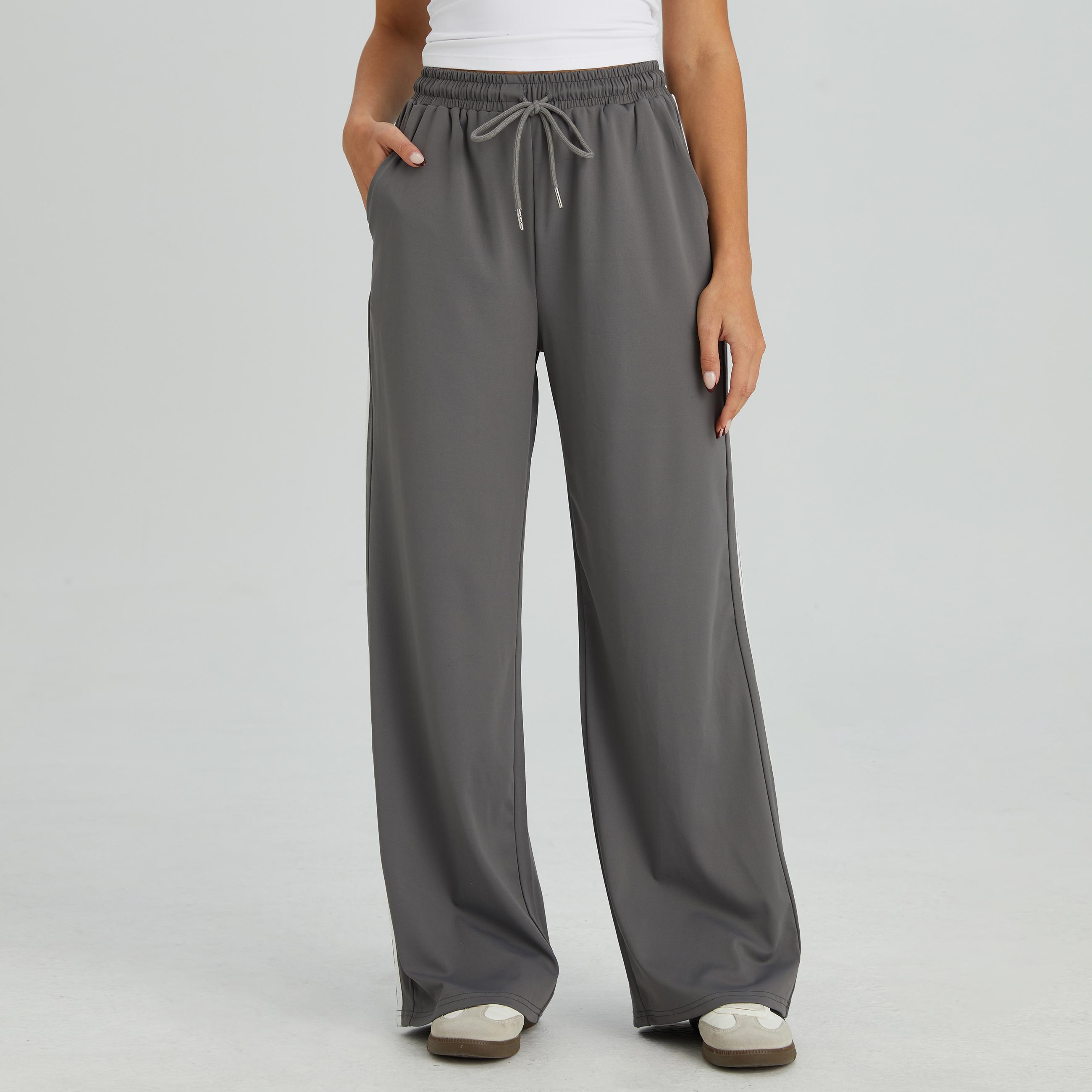 KatchMe Women's Casual High Waist Striped Wide Leg Trousers, Sporty Drawstring Waist Side Pocket Outfit, Minimalist Versatile Women's Bottom