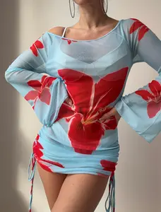 ZAFUL Womens Swimsuit Cover Up Dress Off Shoulder Hollow Coverup Bathing Suit Mesh Swim Beach Dress