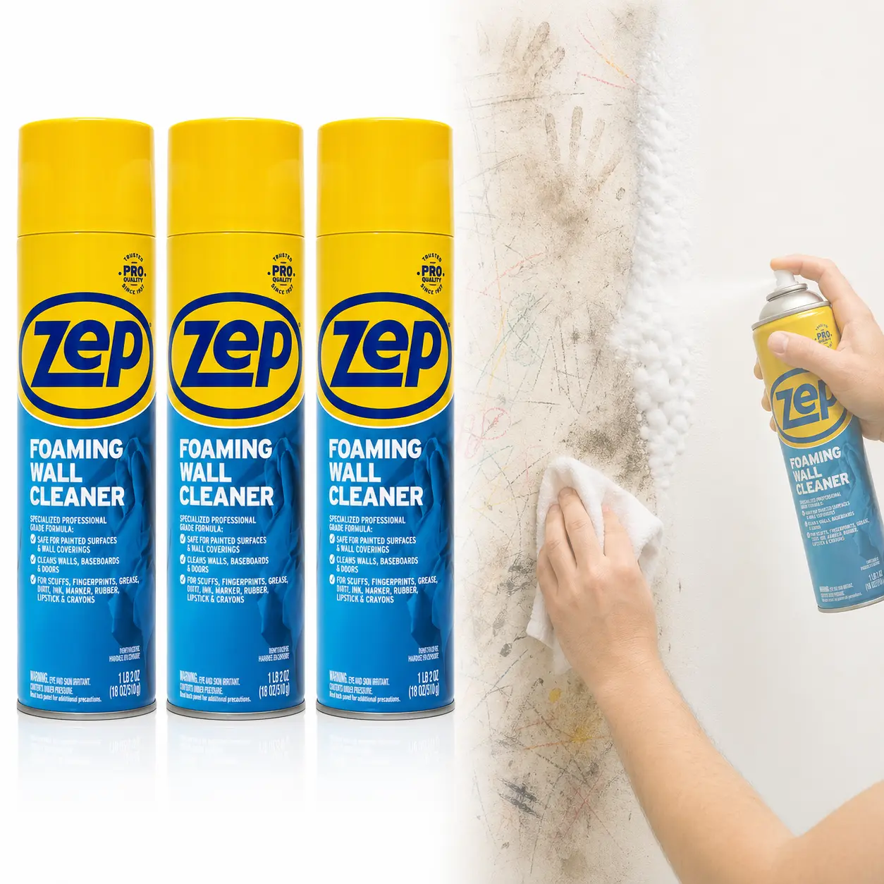 Zep Wall Cleaner Foam 18 oz. Household, Heavy Duty Foaming Wall Cleaner, Thick Clinging Foam Lifts Scuffs & Grime, ZEP No-Scrub Formula for Painted Walls & Surfaces, Simply Spray Wipe and Done, Safe on Finishes Leaves No Residue