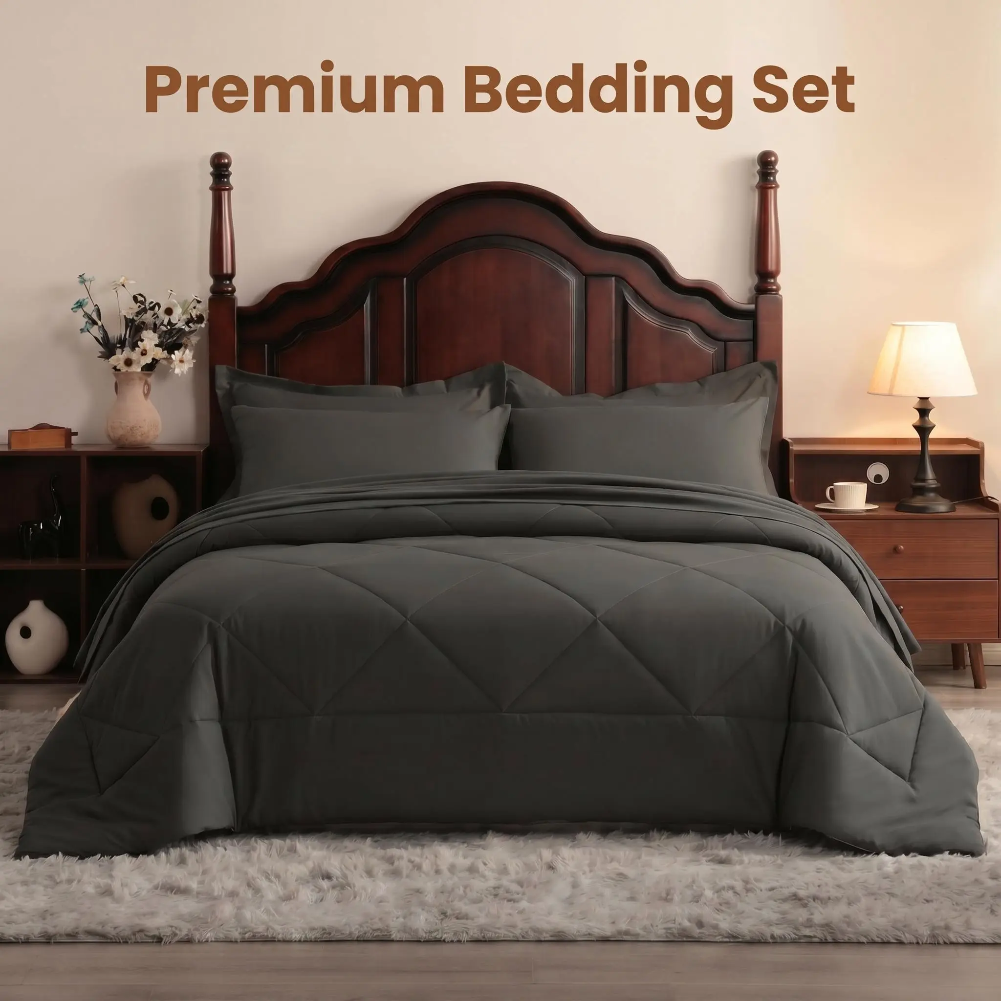 Bedsum 5/7 PCS Bed in a Bag Comforter Set, Traditional Cooling Wrinkle-Resistant Microfiber Bedding, Soft Fluffy Breathable Hotel Luxury Solid Color All-Season Set with Deep Pocket Sheets & Pillowcases (King/Queen) – Ideal Back to School Gift