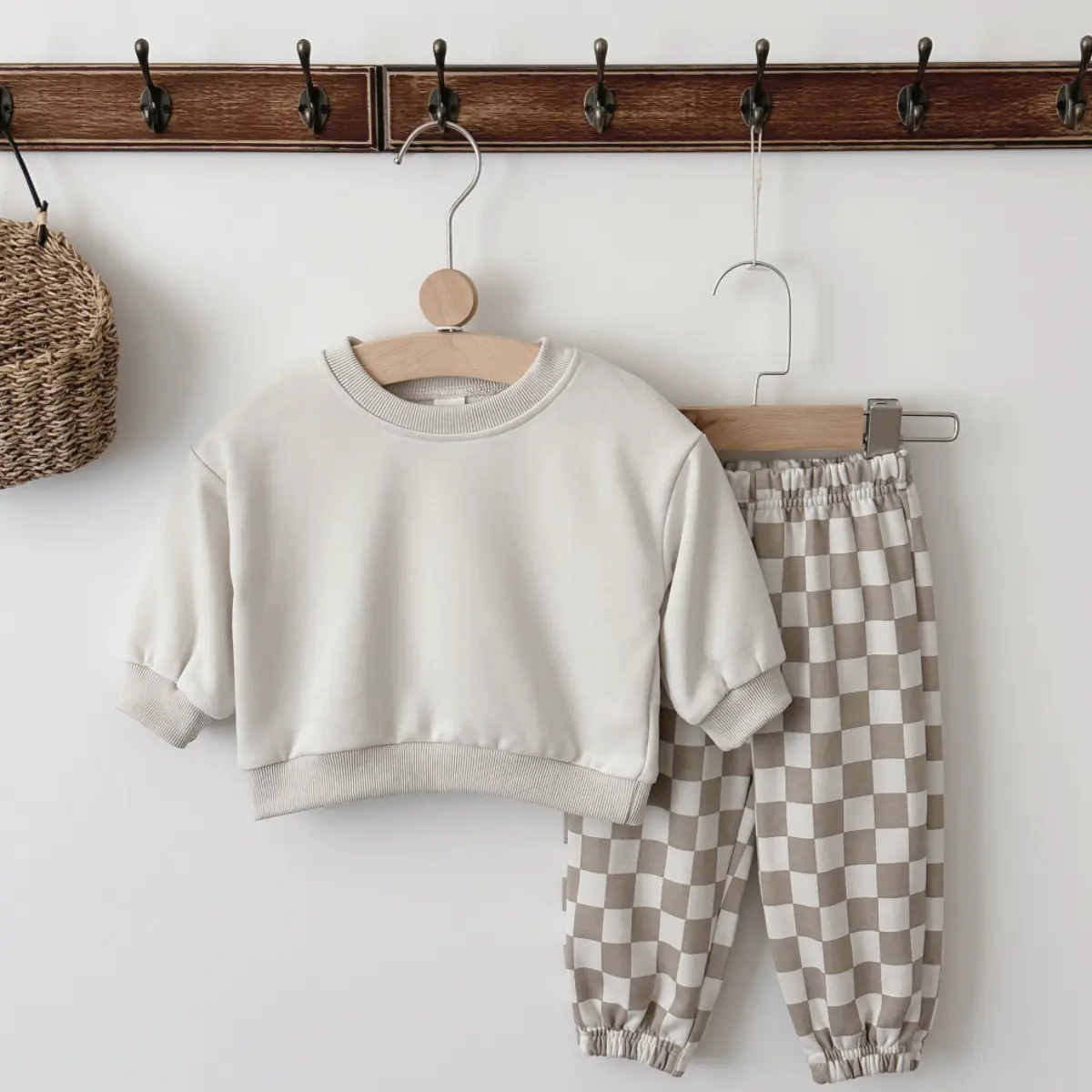 Baby & Toddler Cute 2-Piece Athletic Clothing Gift Set - Apricot Long-Sleeve Crew Neck Sweatshirt Top, Plaid Loose-Fit Joggers, Cozy for Spring/Autumn, Tops, Casual, Two-Piece Set