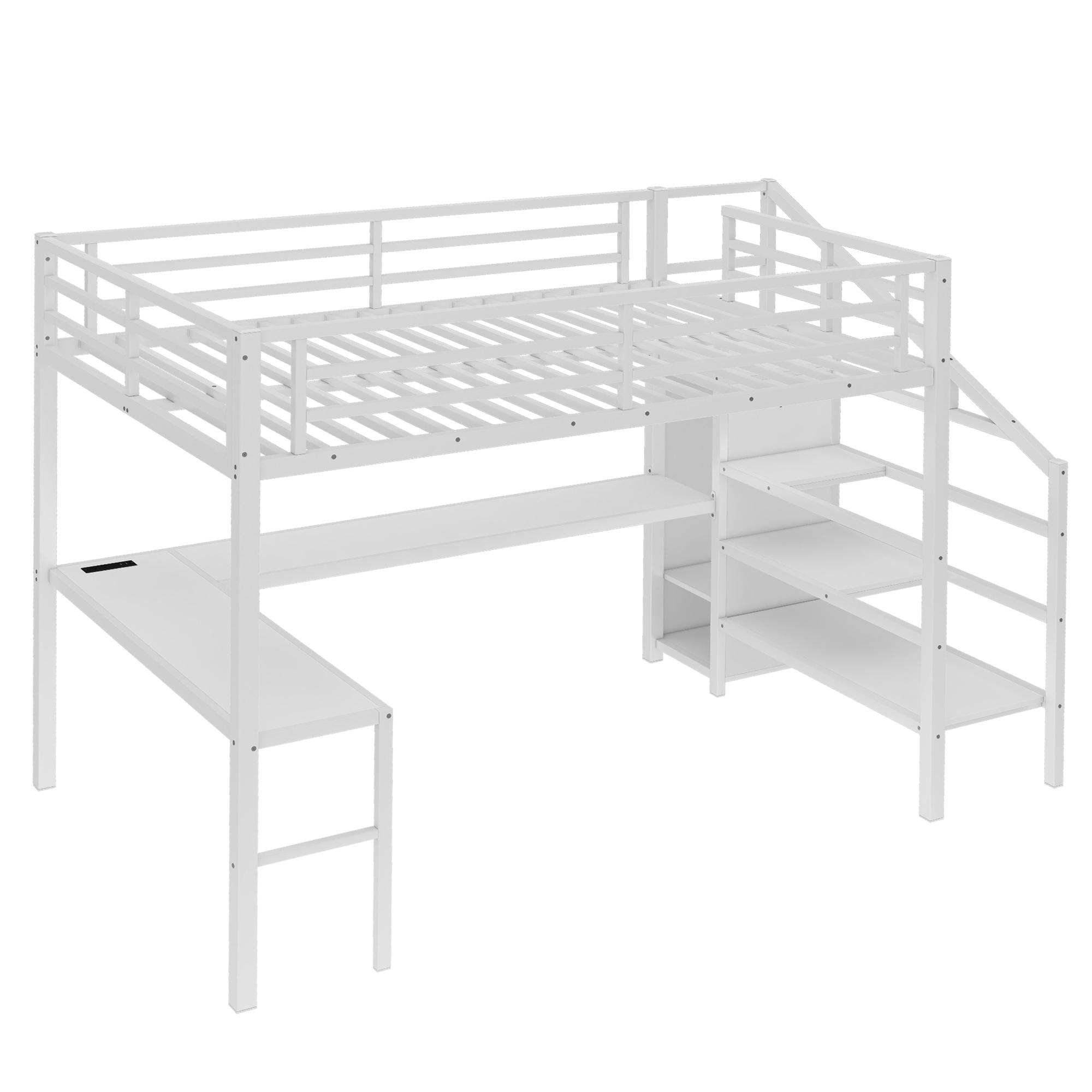 Attic bed with L-shaped desk and USB interface, metal loft bed with wardrobe and adjustable shelf, high loft bed with LED lights for adults Attic bed with L-shaped desk and USB interface, metal loft bed with wardrobe and adjustable shelf, high loft bed with LED lights for adults