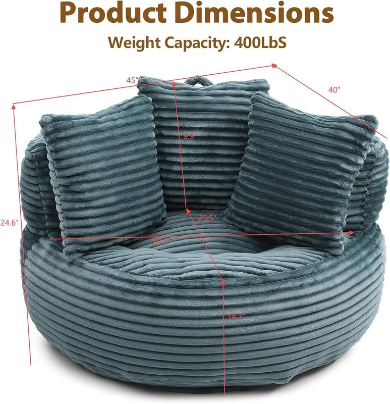 Bean Bag Chair Lazy Sofa Corduroy Oversized Chair for Adults, Comfy Big Accent Sofa Lounge Floor Chair, Stuffed Bean Bag Couch for Gaming, Reading, Living Room, Bedroom, Office