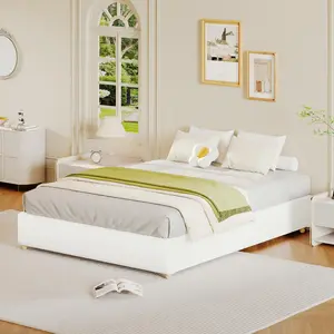 Queen Size Cloud Bed Frame，Corduroy Low Bed Frame Without Headboard, Thick Fabric Upholstered Platform Bed, Solid Wood Legs, No Box Spring Needed, Never Squeak, Easy Assembly, White