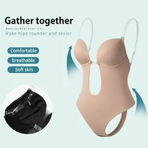 [New Arrivals]U Plunge Backless Shapewear Bodysuit for Women With Built-In Bra Cup Invisible Shaping Corset Bodysuit Underwear for Wedding Party Upgraded, 5 Colors Choose Minimalist,Size Shapewear Brown Nylon Vneck Lingerie Womenswear Basic Black