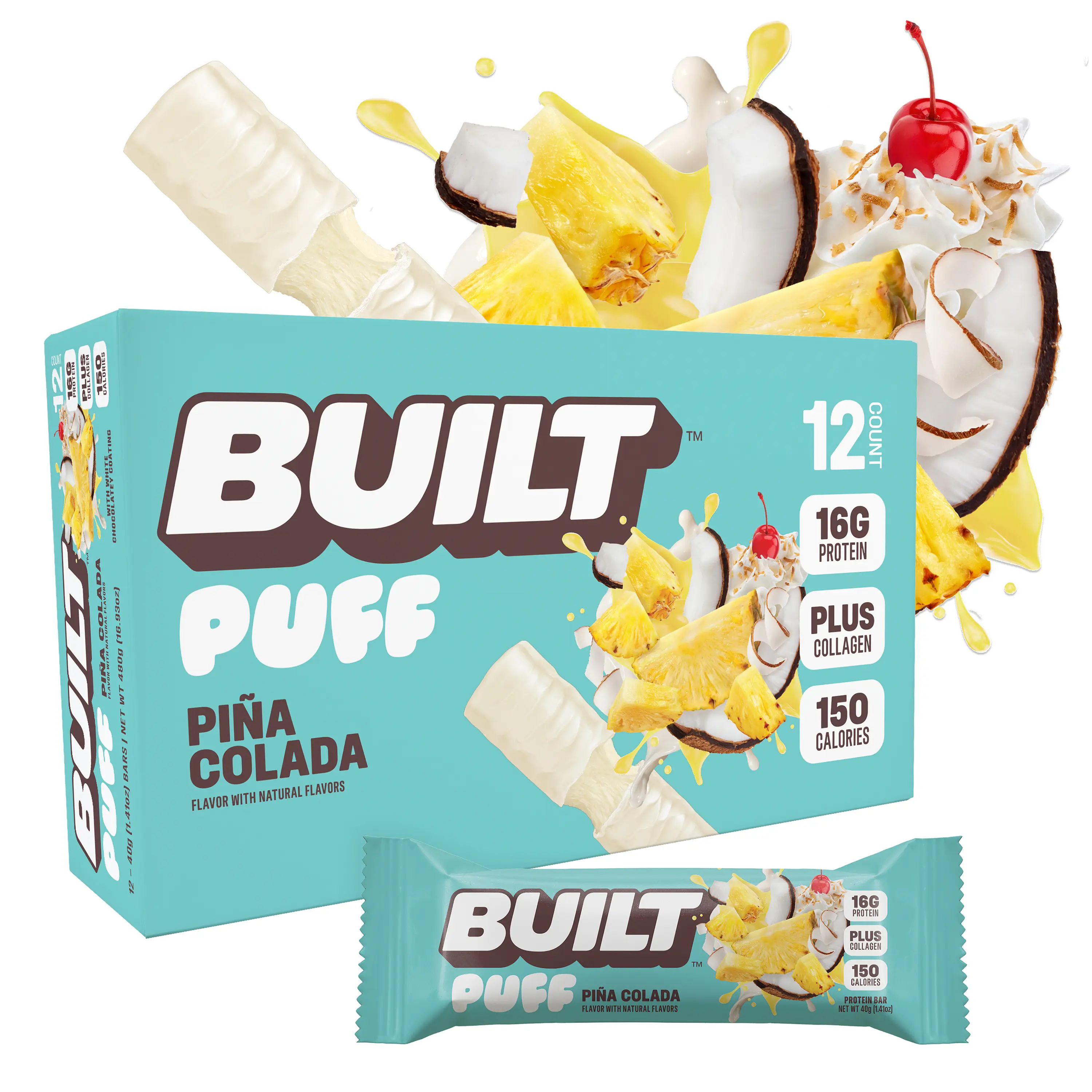 Official BUILT Bar, Puff Protein Bar Snacks, Piña Colada Puff, 16g Protein, 150 calories, Collagen, Gluten Free, Protein Packed Snack, 12 Count Box