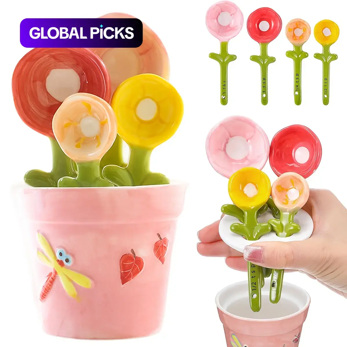 4-Pack Cute Ceramic Flower Measuring Spoons Set with Stand, Decorative Flower Pot Design with Capacity Marks for Milk Powder, Sugar and Salt, Baking Spoons for Home Kitchen Cooking, Kitchen Measuring Utensils #GLOBAL PICKS