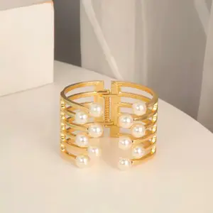 Bangles Pearl Fashion Gold-Tone Cuff Bracelet with Faux Pearls for Women's Jewelry Collection