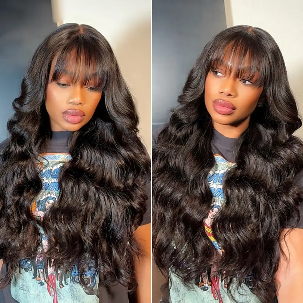 ZLIKE Glueless Body Wave Wig With Bangs 180% Density Virgin Human Hair Wigs