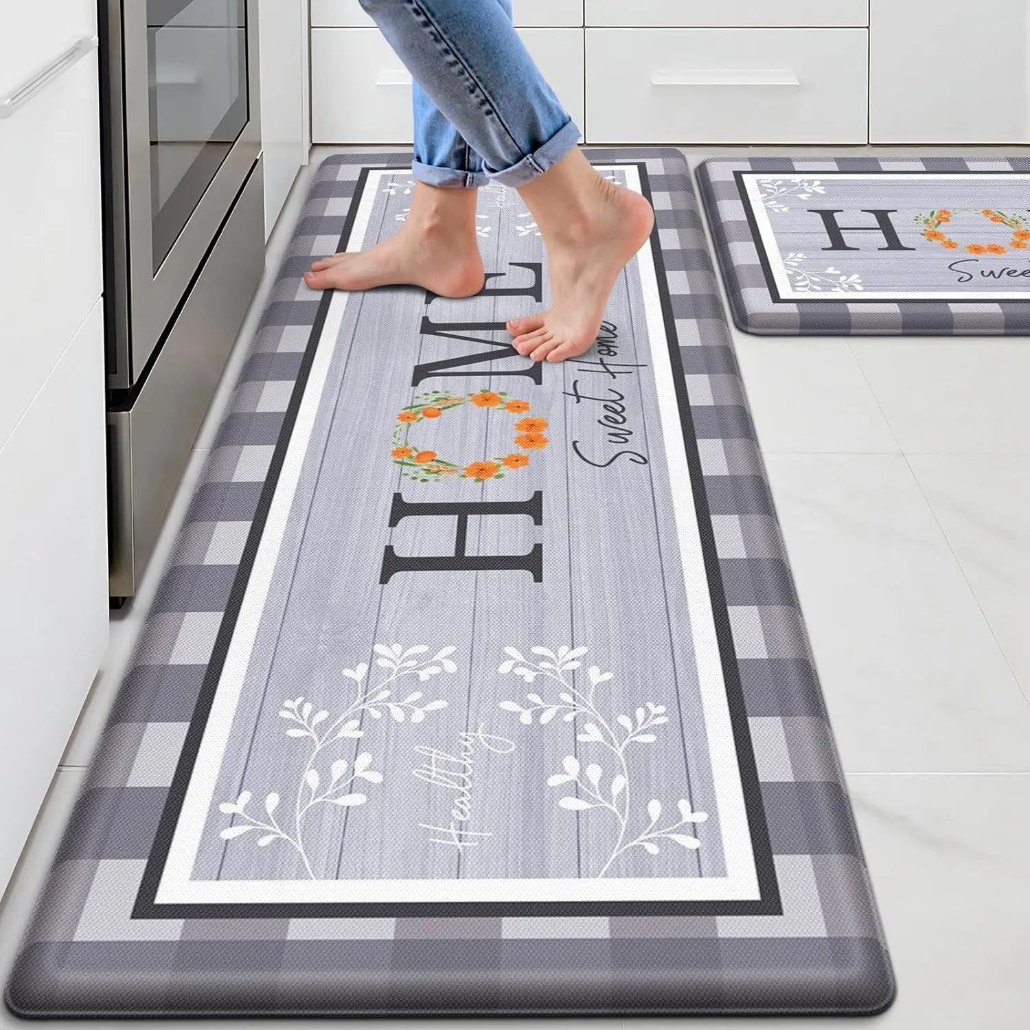 2 PCS Kitchen Mats for Floor, Cushioned Non-Slip Anti Fatigue Mats for Kitchen Floor, Kitchen Runner Rugs for Standing Desk, Office, Laundry (17.3’’ x 30’’ + 17.3’’ x 47.2’’)